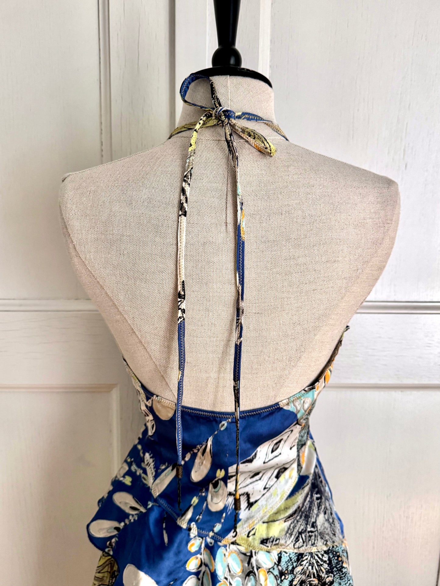 Just Cavalli Vintage S/S 2004 Blue Ruffled Asymmetric Halter Dress (S / IT 40)