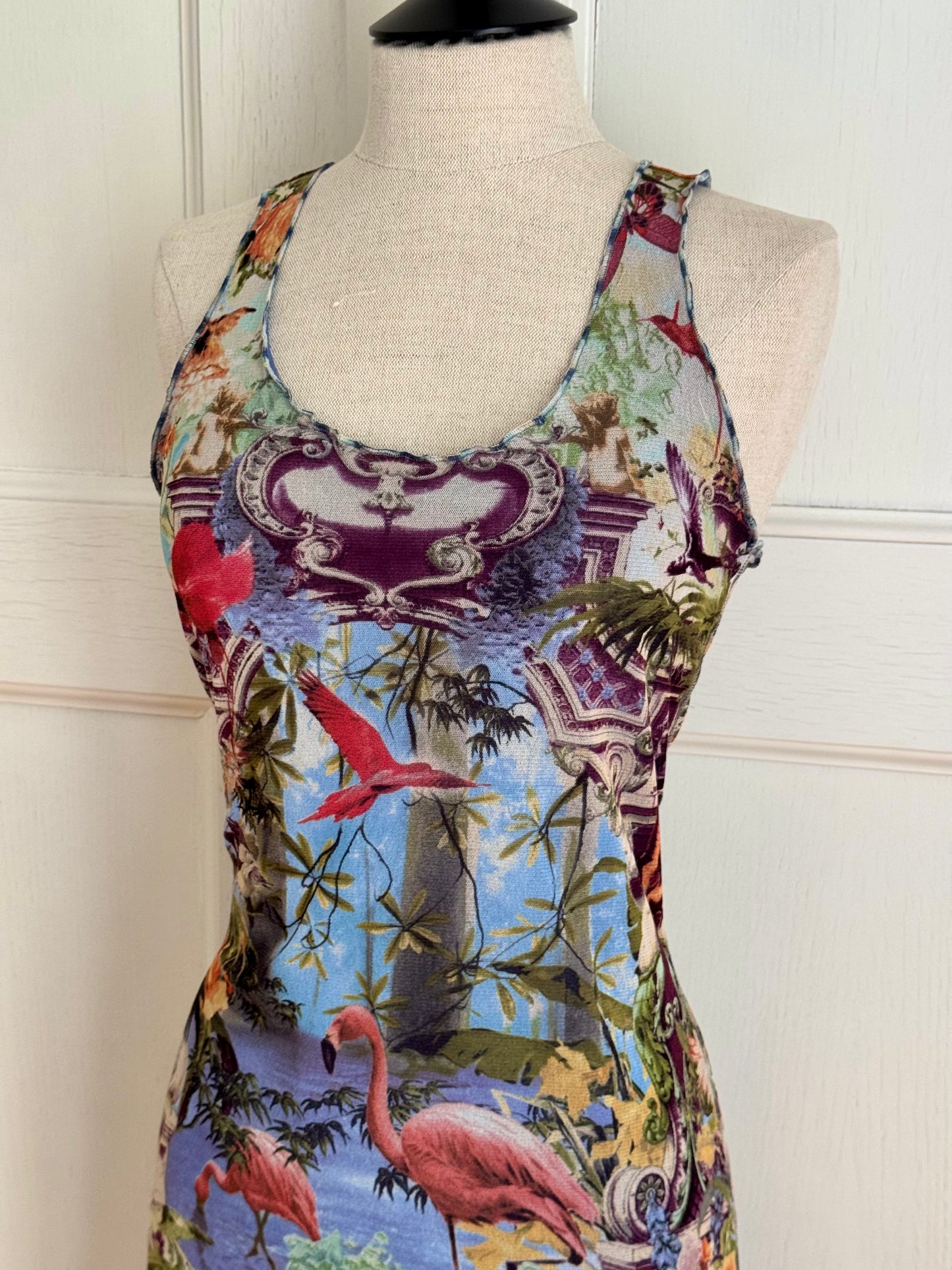 ICONIC Jean Paul Gaultier JPG Soleil S/S 1999 Flamingo Tropical Mesh Maxi Dress (L-XL)