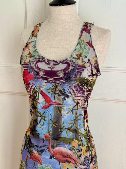 ICONIC Jean Paul Gaultier JPG Soleil S/S 1999 Flamingo Tropical Mesh Maxi Dress (L-XL)