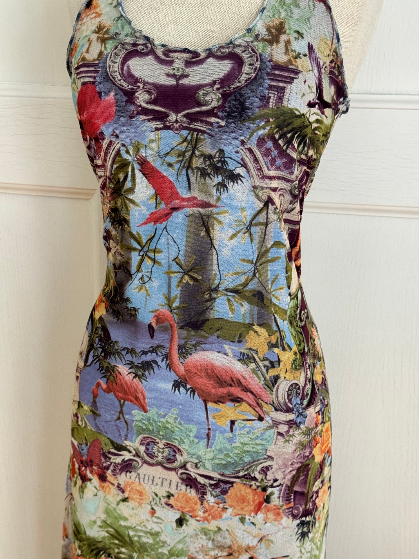 ICONIC Jean Paul Gaultier JPG Soleil S/S 1999 Flamingo Tropical Mesh Maxi Dress (L-XL)