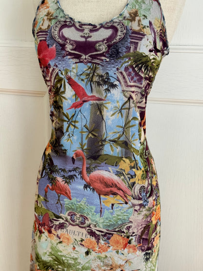 ICONIC Jean Paul Gaultier JPG Soleil S/S 1999 Flamingo Tropical Mesh Maxi Dress (L-XL)