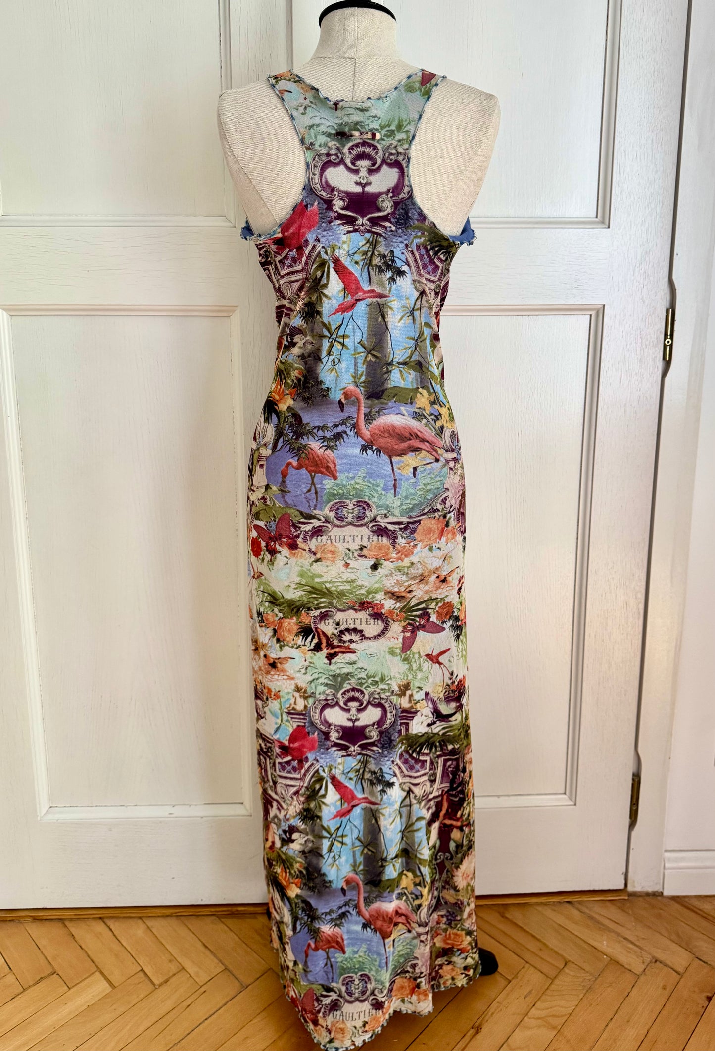 ICONIC Jean Paul Gaultier JPG Soleil S/S 1999 Flamingo Tropical Mesh Maxi Dress (L-XL)