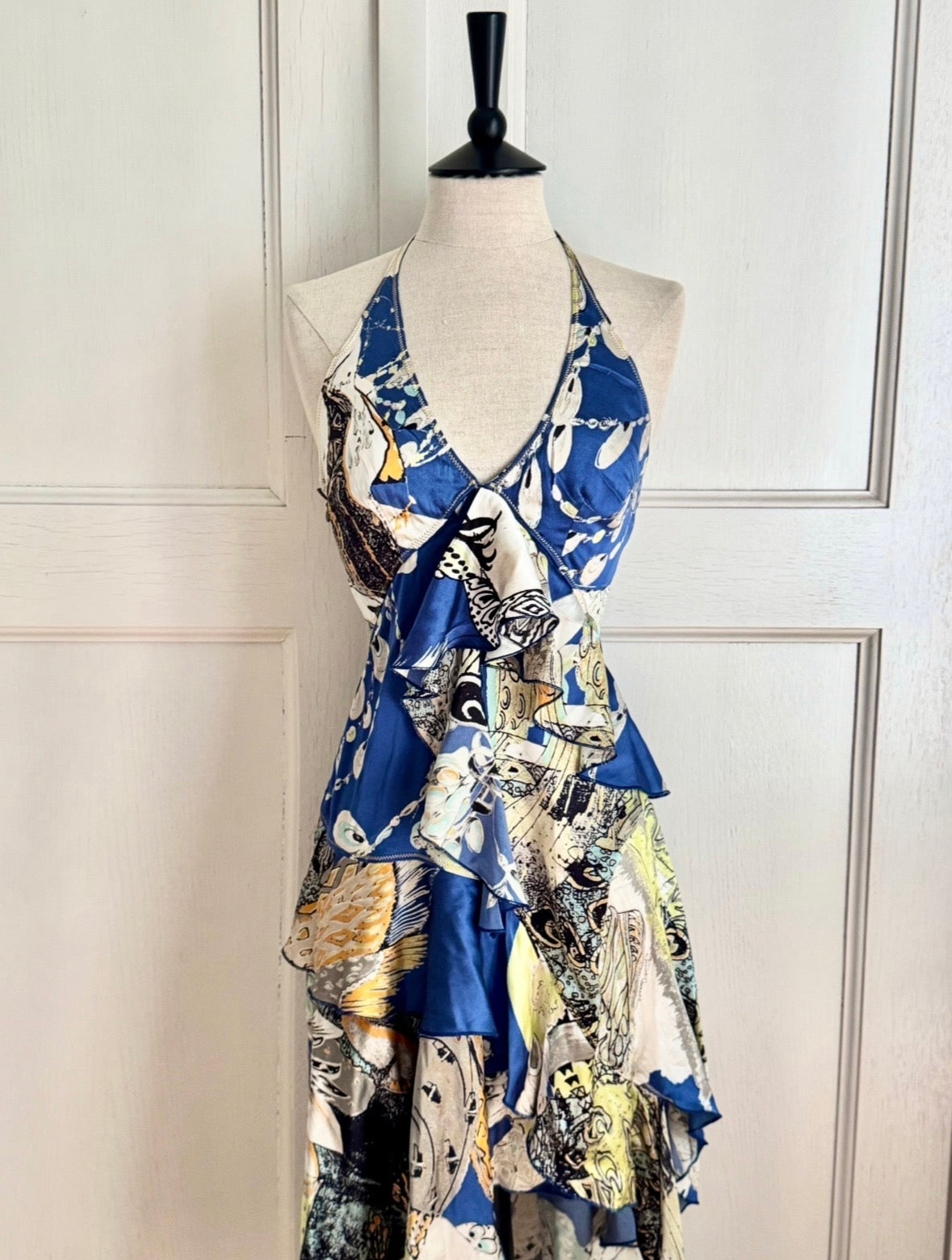 Just Cavalli Vintage S/S 2004 Blue Ruffled Asymmetric Halter Dress (S / IT 40)