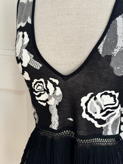 RUNWAY Chanel S/S 2004 by Karl Lagerfeld Black and White Camellia Fringe Top (S / FR 36)