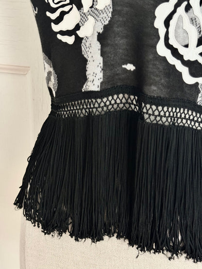 RUNWAY Chanel S/S 2004 by Karl Lagerfeld Black and White Camellia Fringe Top (S / FR 36)