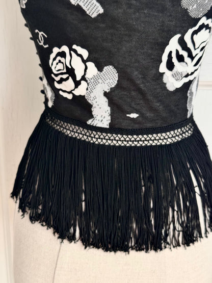RUNWAY Chanel S/S 2004 by Karl Lagerfeld Black and White Camellia Fringe Top (S / FR 36)