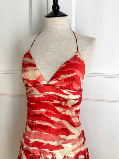 Roberto Cavalli S/S 2005 Silk Ruffled Red Coral Dress (S)