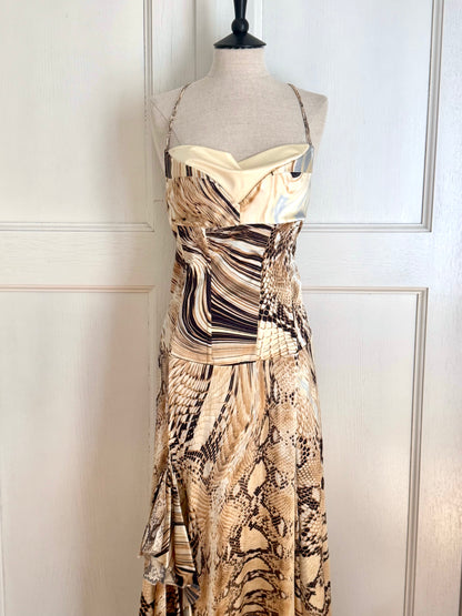 Just Cavalli S/S 2007 Animal Print Corset Cowl Neck Silk Dress (L and XL)