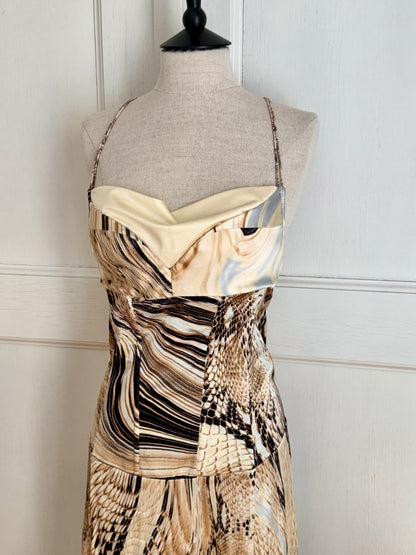 Just Cavalli S/S 2007 Animal Print Corset Cowl Neck Silk Dress (L and XL)