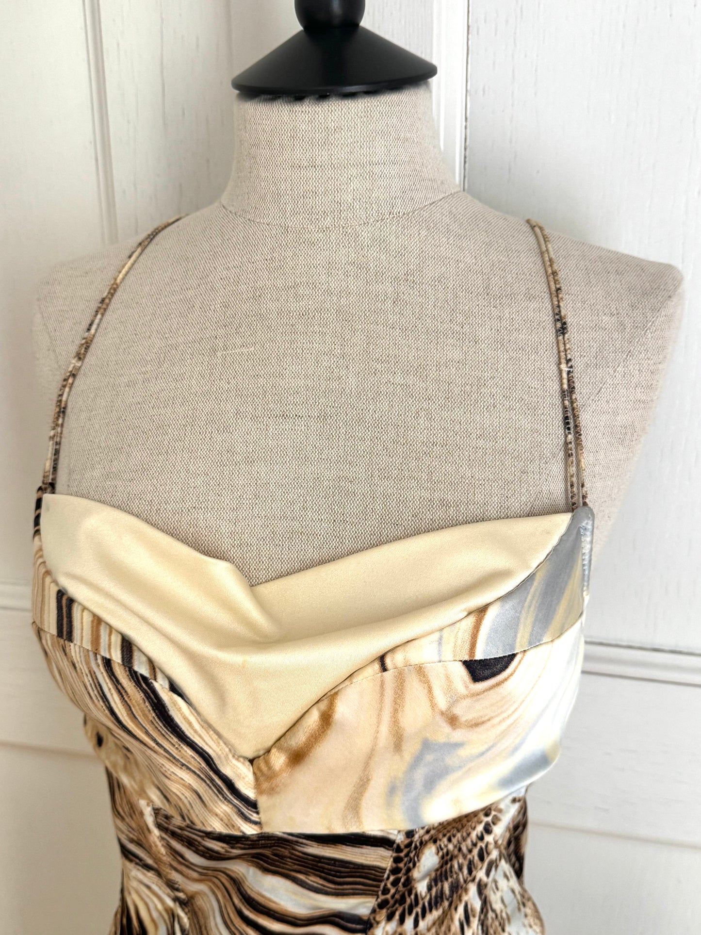 Just Cavalli S/S 2007 Animal Print Corset Cowl Neck Silk Dress (L and XL)