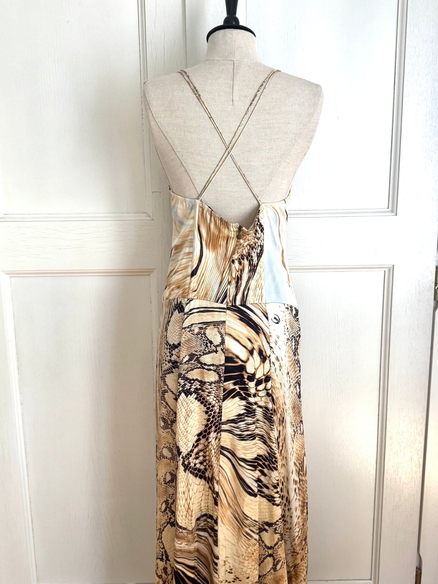 Just Cavalli S/S 2007 Animal Print Corset Cowl Neck Silk Dress (L and XL)
