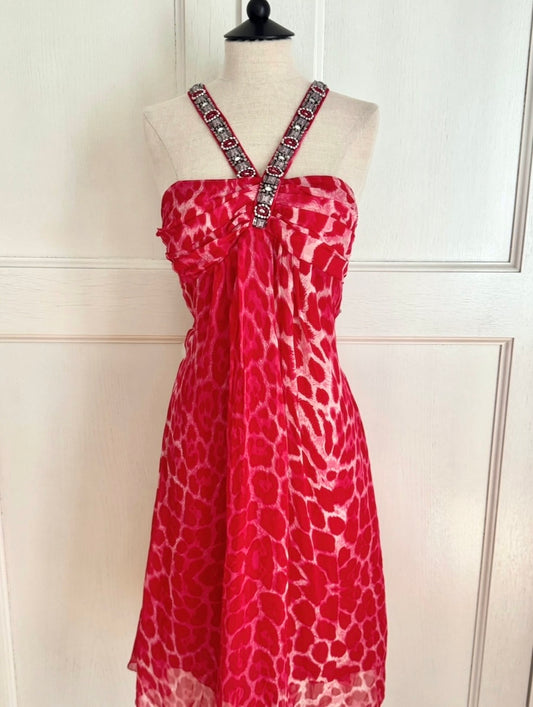 Blumarine Pink Cheetah Print Bejeweled Dress (M)