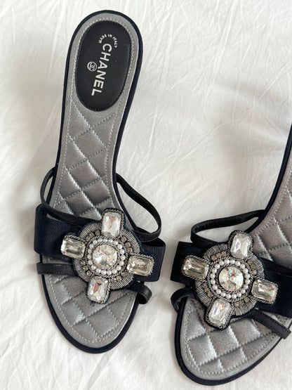 Chanel 2009 Bejeweled Silver & Black Mules by Karl Lagerfeld (EU 39,5)