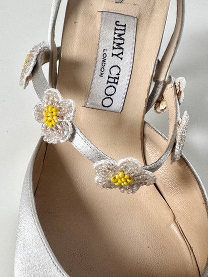 Jimmy Choo Beaded Flowers Satin Bridal Slingback Heels (EU 39,5)