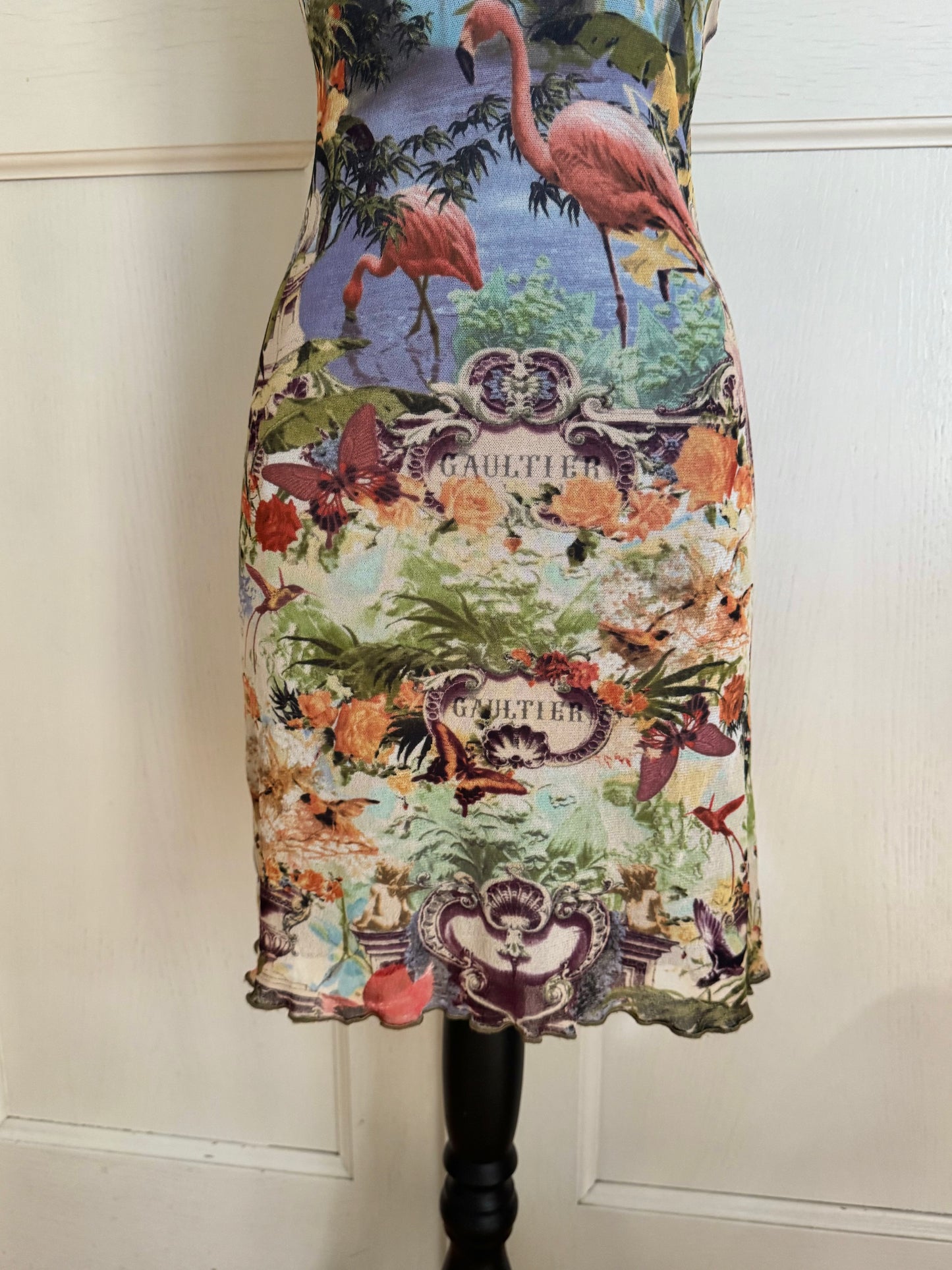 ICONIC Jean Paul Gaultier JPG Soleil S/S 1999 Flamingo Tropical Mesh Maxi Dress (S)
