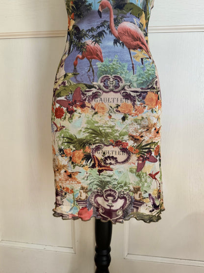 ICONIC Jean Paul Gaultier JPG Soleil S/S 1999 Flamingo Tropical Mesh Maxi Dress (S)