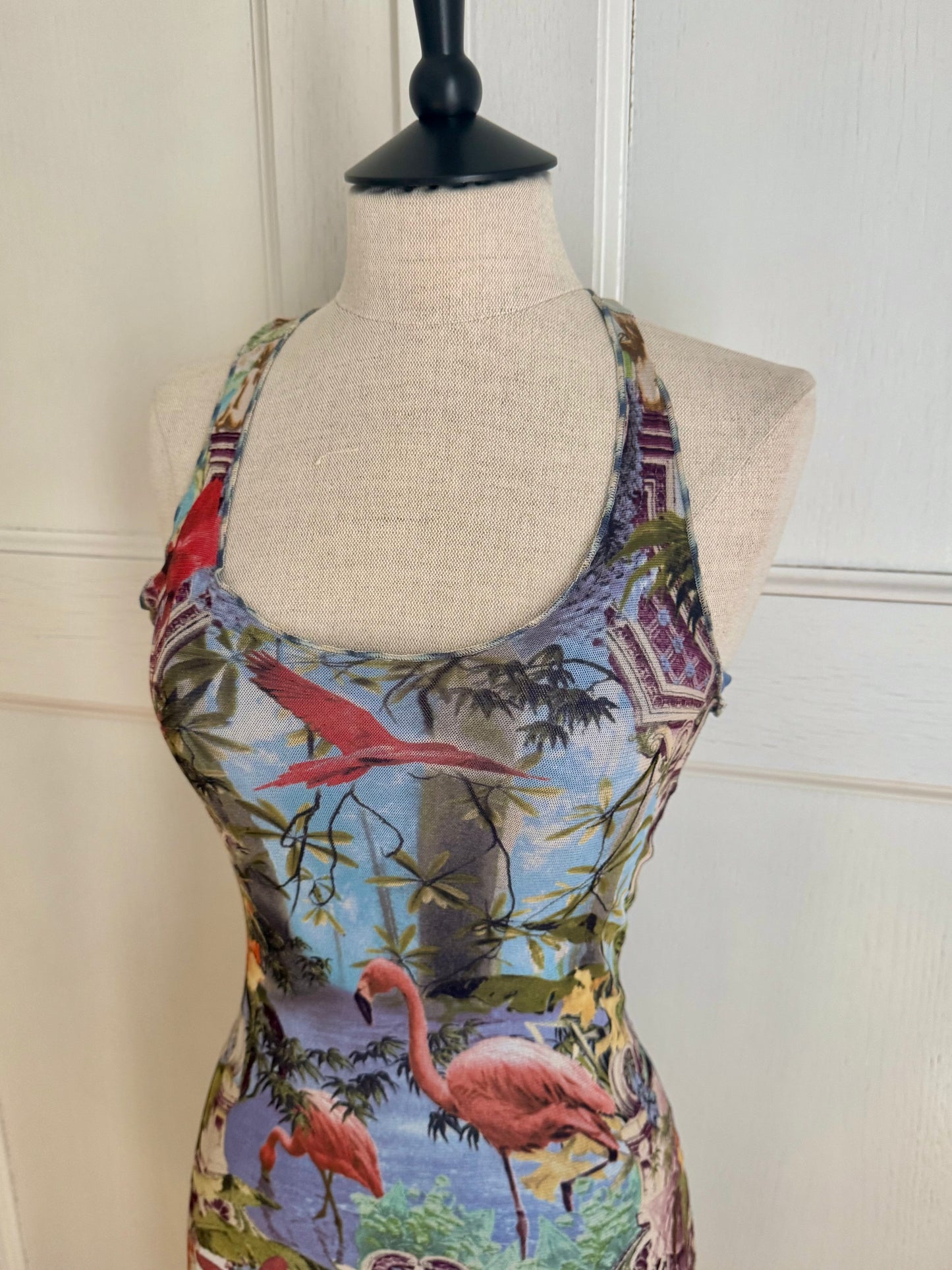 ICONIC Jean Paul Gaultier JPG Soleil S/S 1999 Flamingo Tropical Mesh Maxi Dress (S)