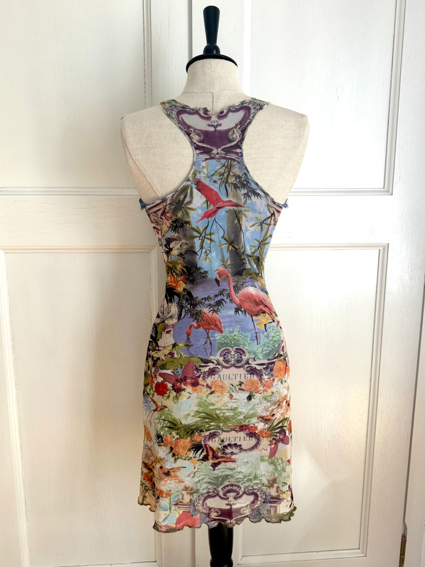 ICONIC Jean Paul Gaultier JPG Soleil S/S 1999 Flamingo Tropical Mesh Maxi Dress (S)