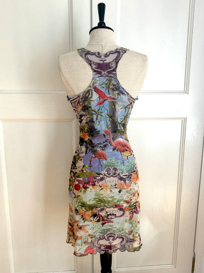 ICONIC Jean Paul Gaultier JPG Soleil S/S 1999 Flamingo Tropical Mesh Maxi Dress (S)