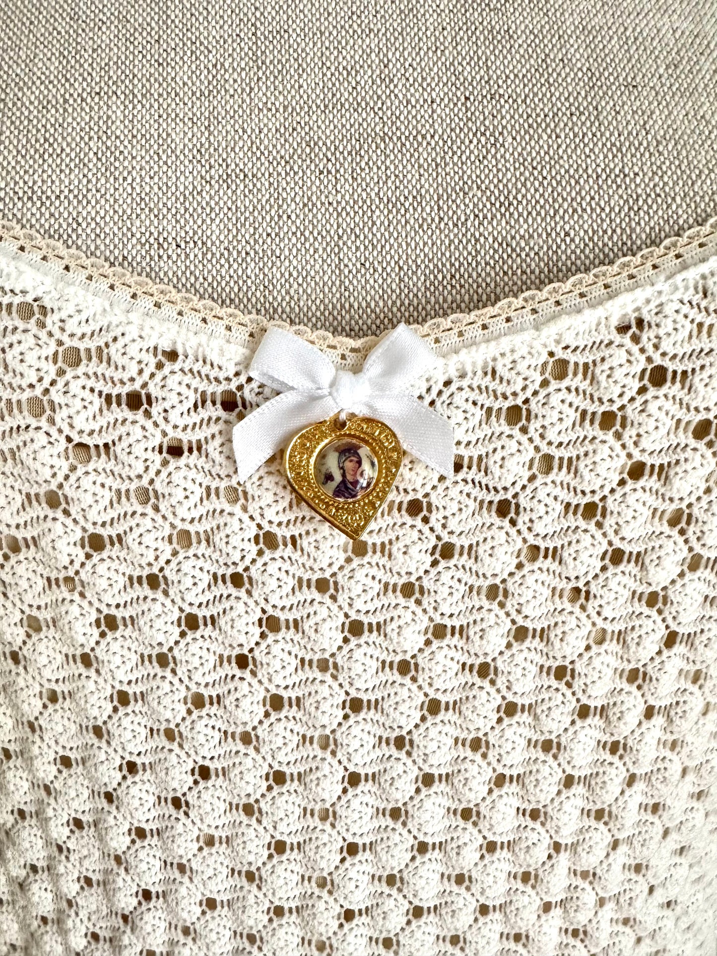 ICONIC Dolce Gabbana D&G S/S 1997 Fishnet Dress In White Virgin Mary Charm (M)