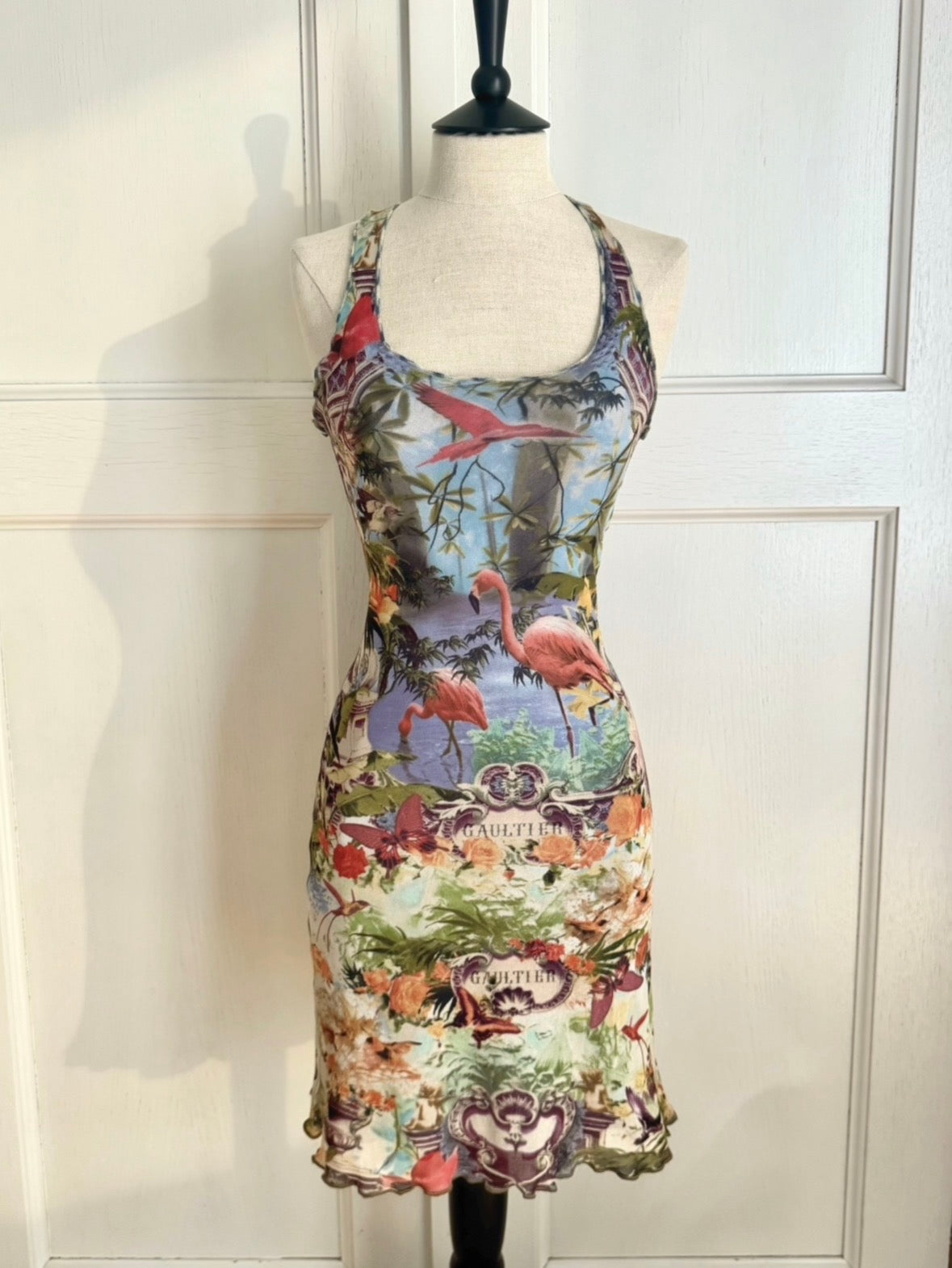 ICONIC Jean Paul Gaultier JPG Soleil S/S 1999 Flamingo Tropical Mesh Maxi Dress (S)