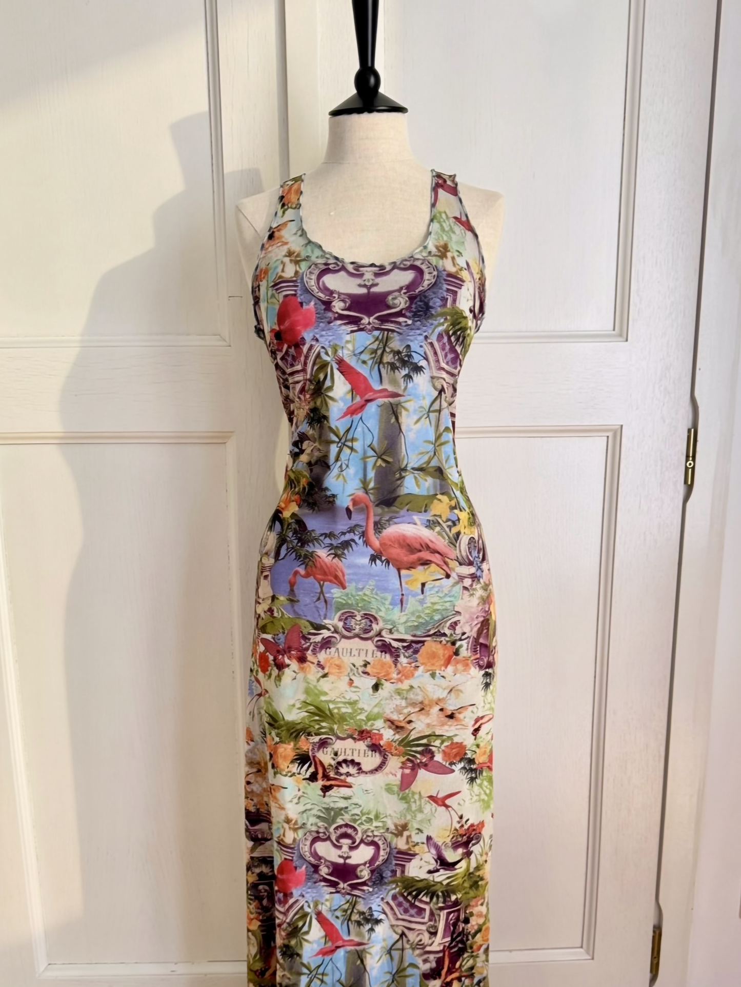 ICONIC Jean Paul Gaultier JPG Soleil S/S 1999 Flamingo Tropical Mesh Maxi Dress (L-XL)