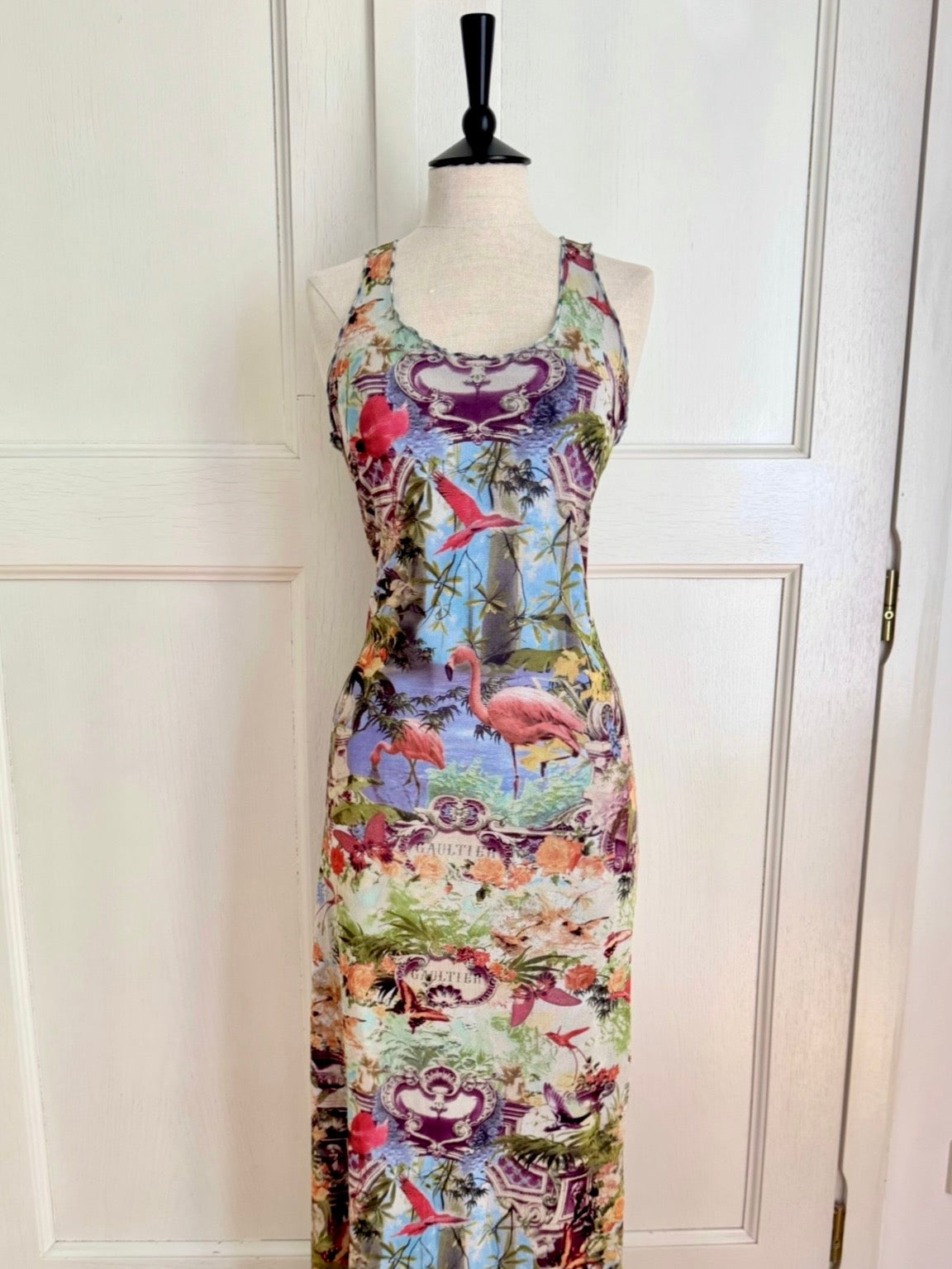 ICONIC Jean Paul Gaultier JPG Soleil S/S 1999 Flamingo Tropical Mesh Maxi Dress (L-XL)