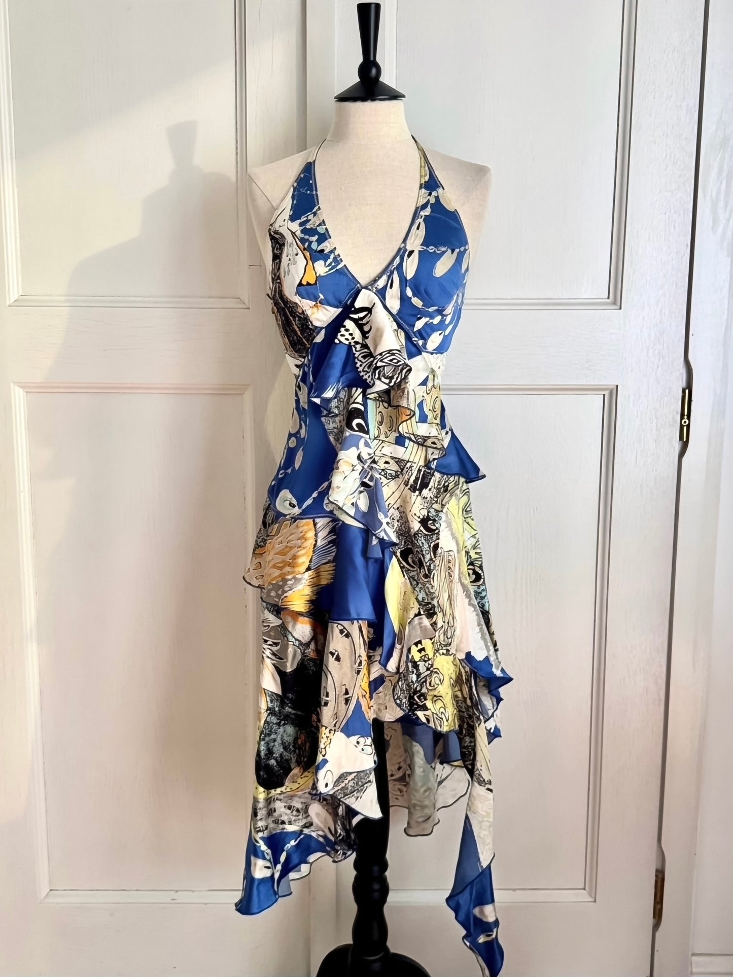 Just Cavalli Vintage S/S 2004 Blue Ruffled Asymmetric Halter Dress (S / IT 40)