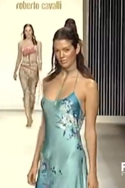 RUNWAY Roberto Cavalli S/S 1999 Silver Glitter Floral Silk Dress (S)
