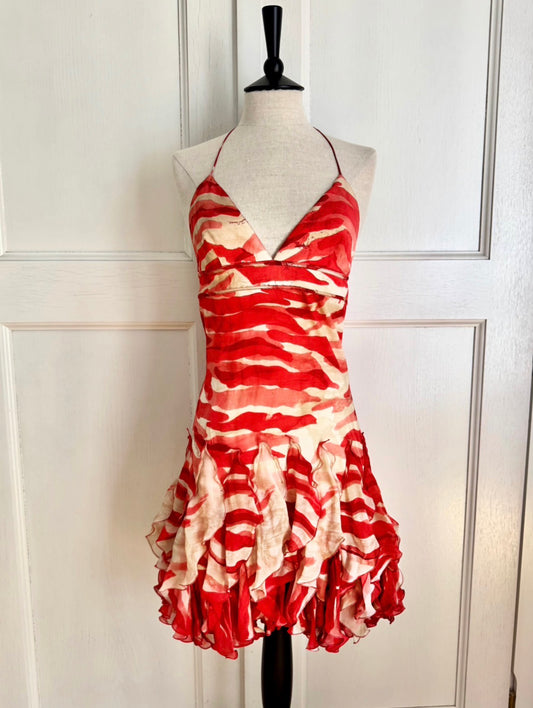 Roberto Cavalli S/S 2005 Silk Ruffled Red Coral Dress (S)