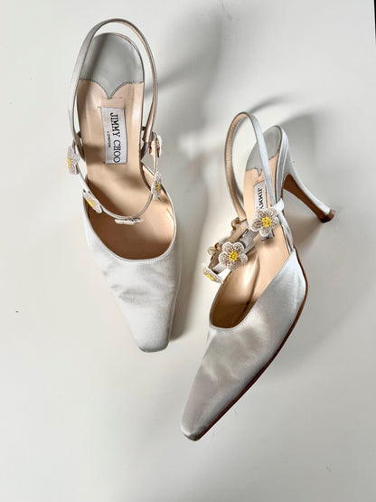 Jimmy Choo Beaded Flowers Satin Bridal Slingback Heels (EU 39,5)