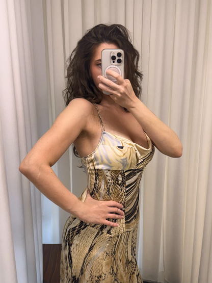 Just Cavalli S/S 2007 Animal Print Corset Cowl Neck Silk Dress (L and XL)