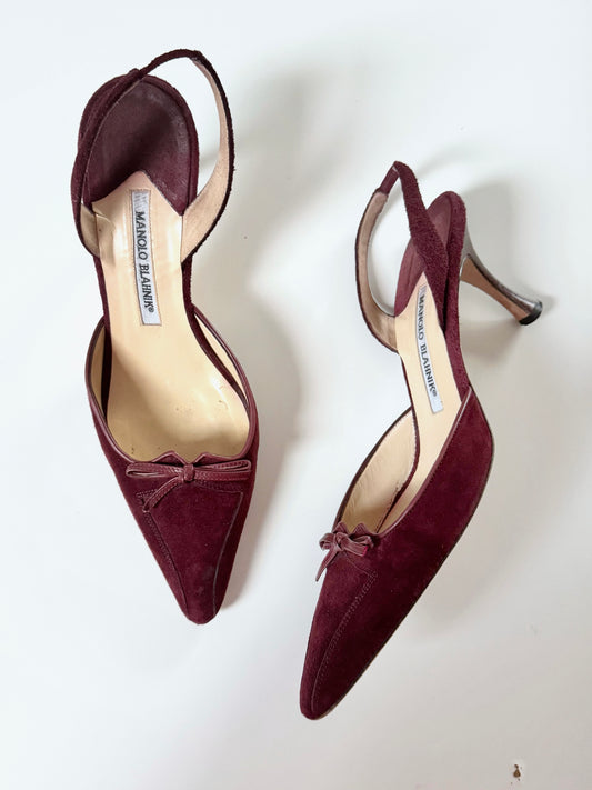 Manolo Blahnik Vintage Burgundy Suede Pumps Slingbacks (EU 38,5-39)
