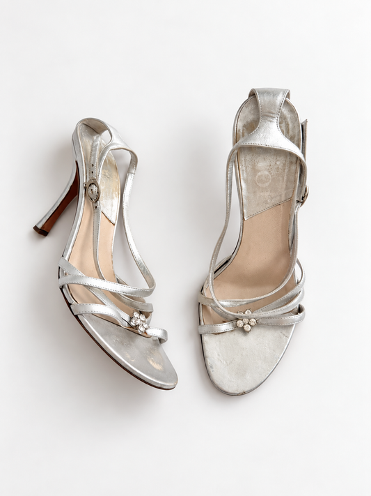 Dior Vintage Strappy Silver Bejeweled Heels (EU 37)